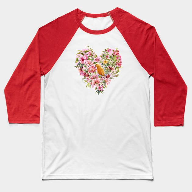 Pink Floral Heart with Yellow Parrot Baseball T-Shirt by Biophilia